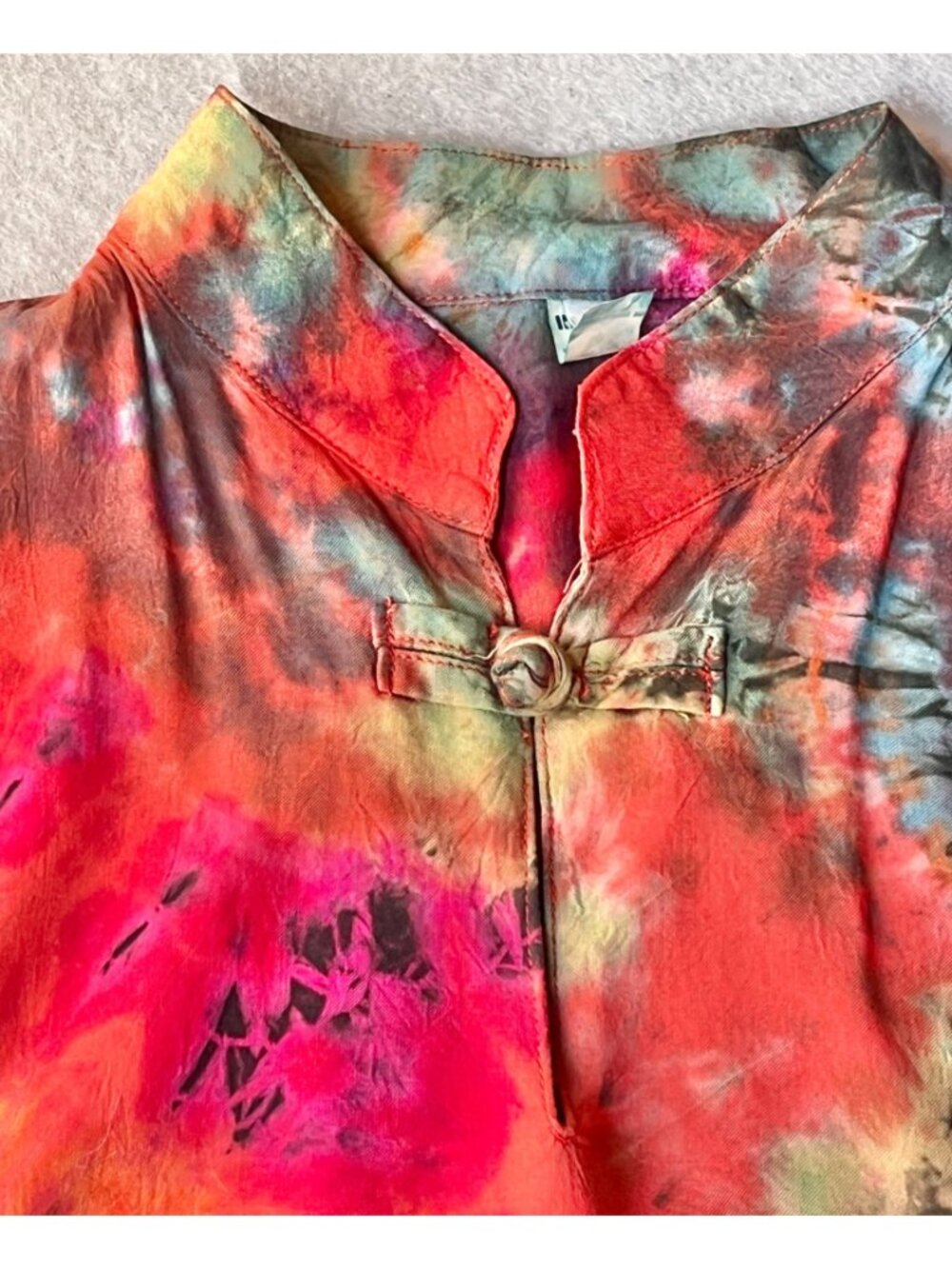 Asian Style Dress Maxi Tie-Dye Sleeveless Mandarin Collar Waist Ties Multicolor - Picture 3 of 11